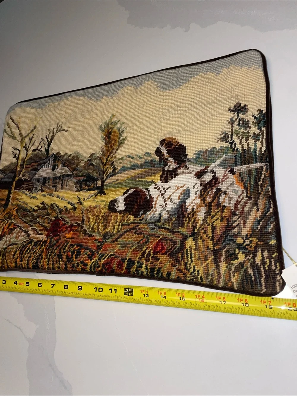 Needlepoint Hunting Scene Pillow Cover — Dogs in Field, Tan & Brown